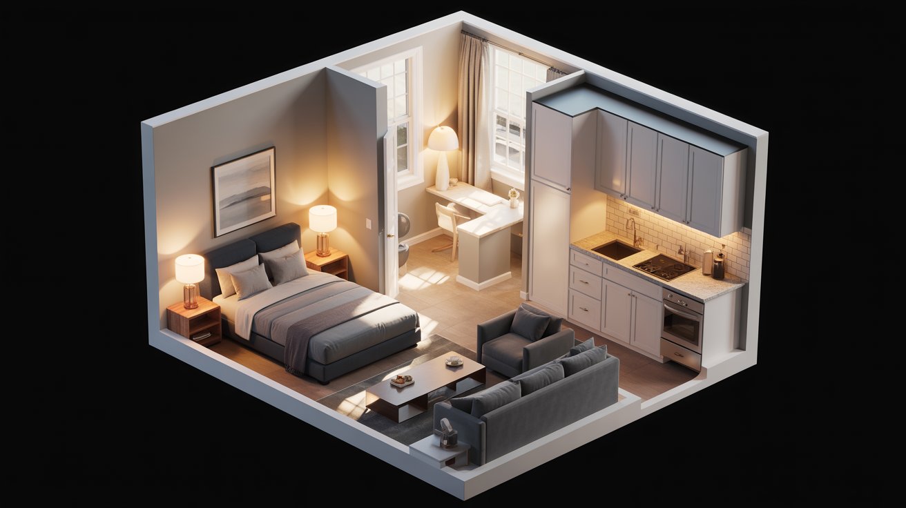 3D rendering of a small apartment featuring a bed, desk, and kitchen area, showcasing a compact living space design.