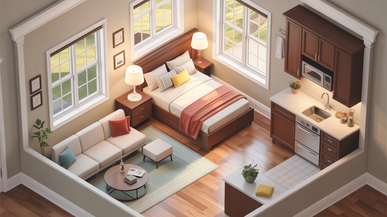 Compact bedroom showcasing a bed, a couch, and an integrated kitchen area.