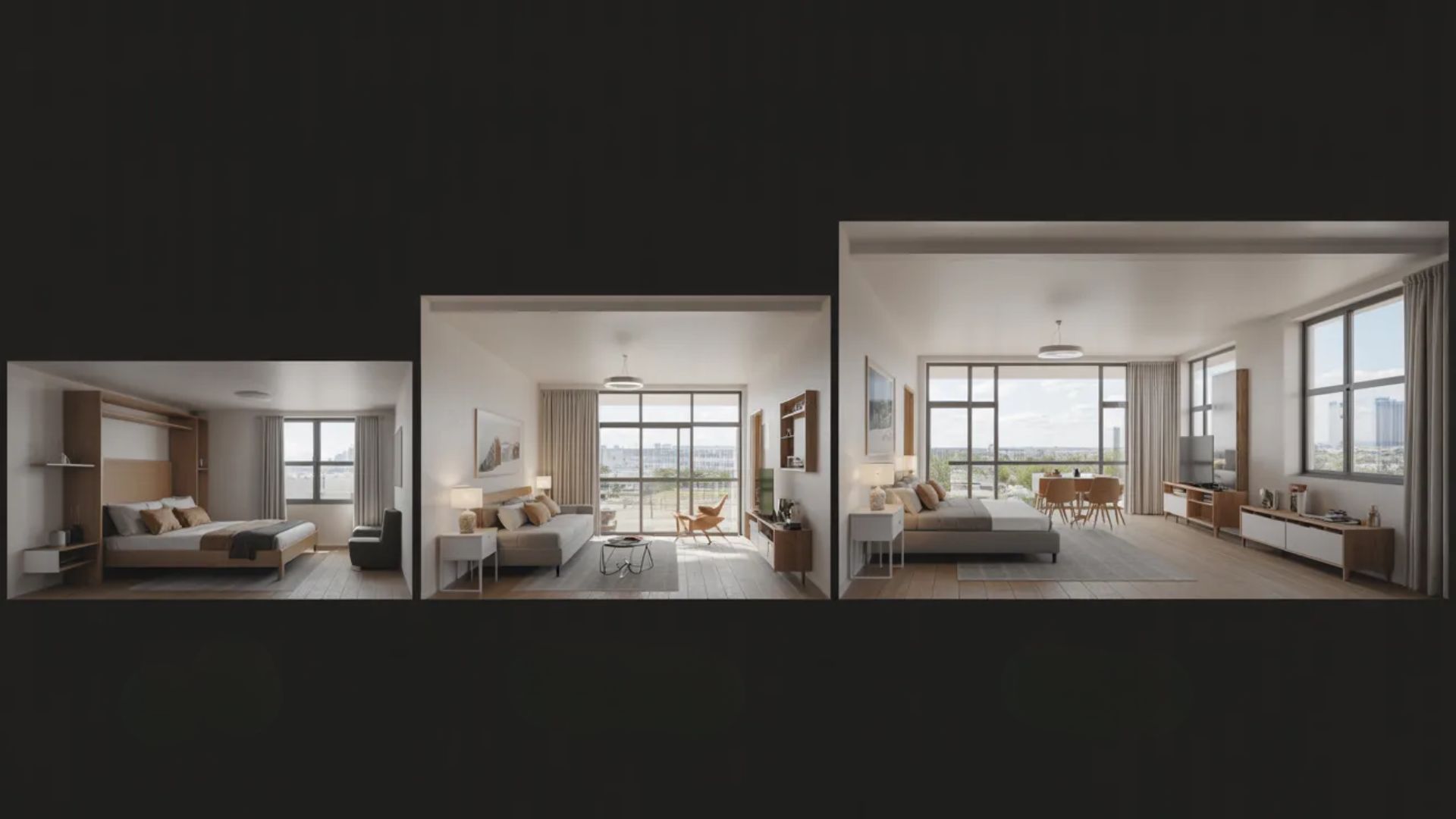 Three views showcasing a living room and bedroom, highlighting different layouts and decor styles.