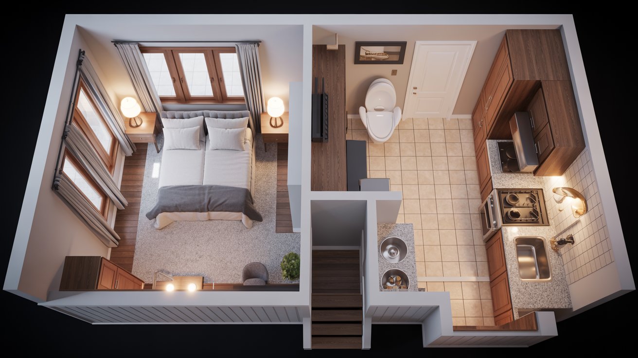 3D rendering of a small apartment featuring a bed, sink, and bathroom in a compact layout.