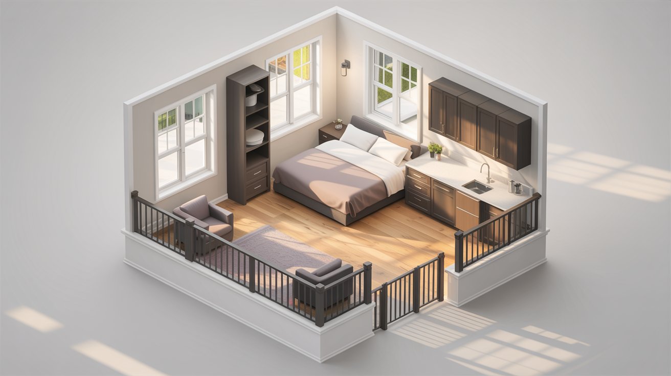 3D rendering of a cozy bedroom featuring a neatly made bed and a modern desk with a chair.