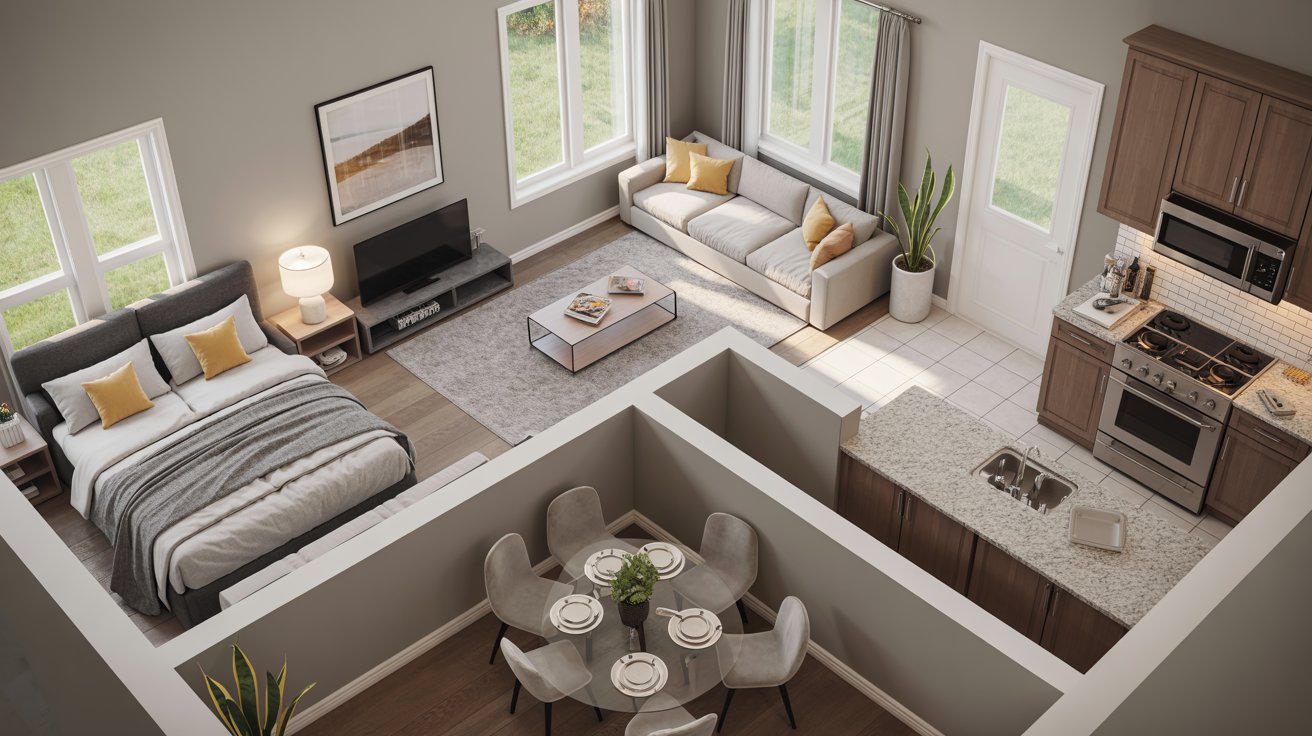 3D view of a small apartment featuring a kitchen, living room, and bedroom, showcasing a compact and modern layout.