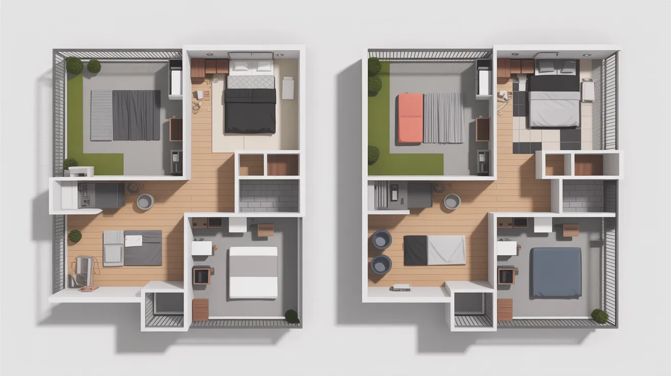 3D floor plan of a two-bedroom apartment, showcasing room layout and dimensions for potential buyers or renters.