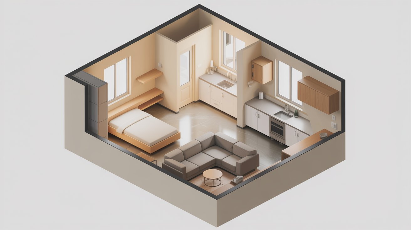 A 3D isometric view of a small apartment showcasing furniture and room layout in a detailed, colorful design.