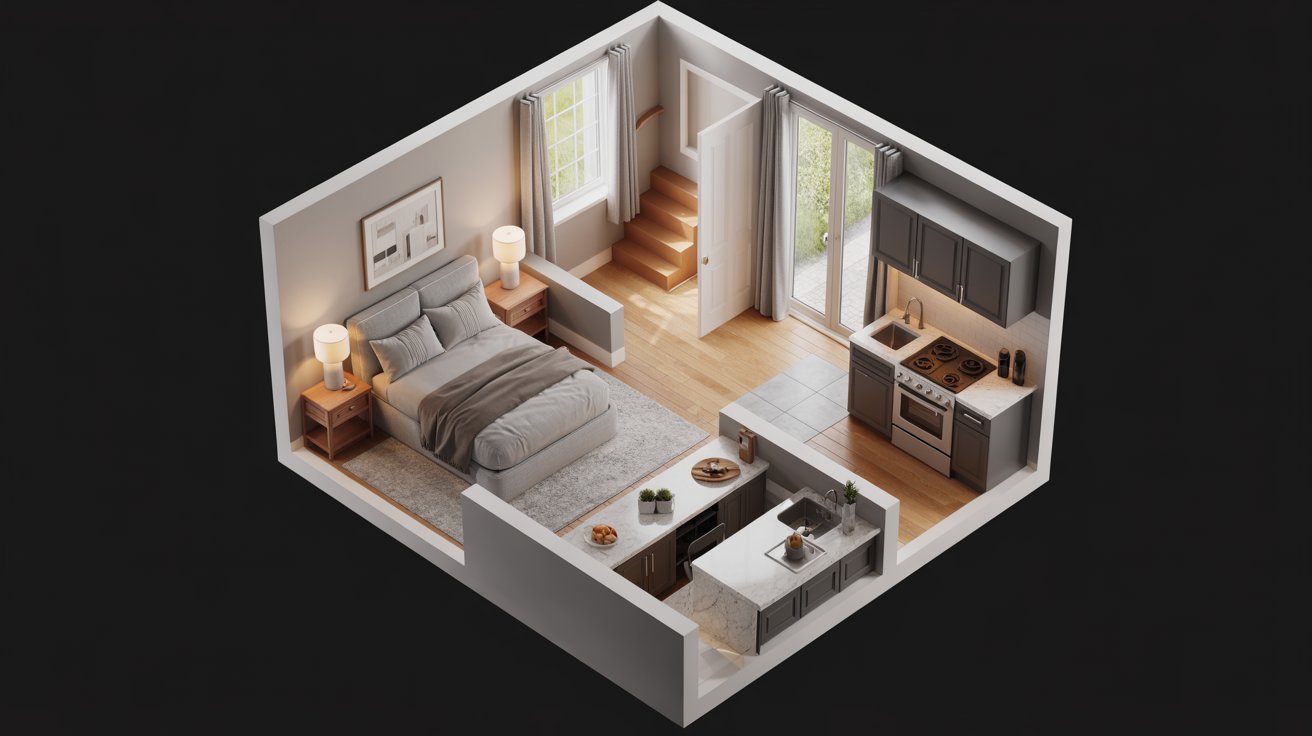 3D view of a small apartment showcasing a bedroom and kitchen layout with modern furnishings and decor.