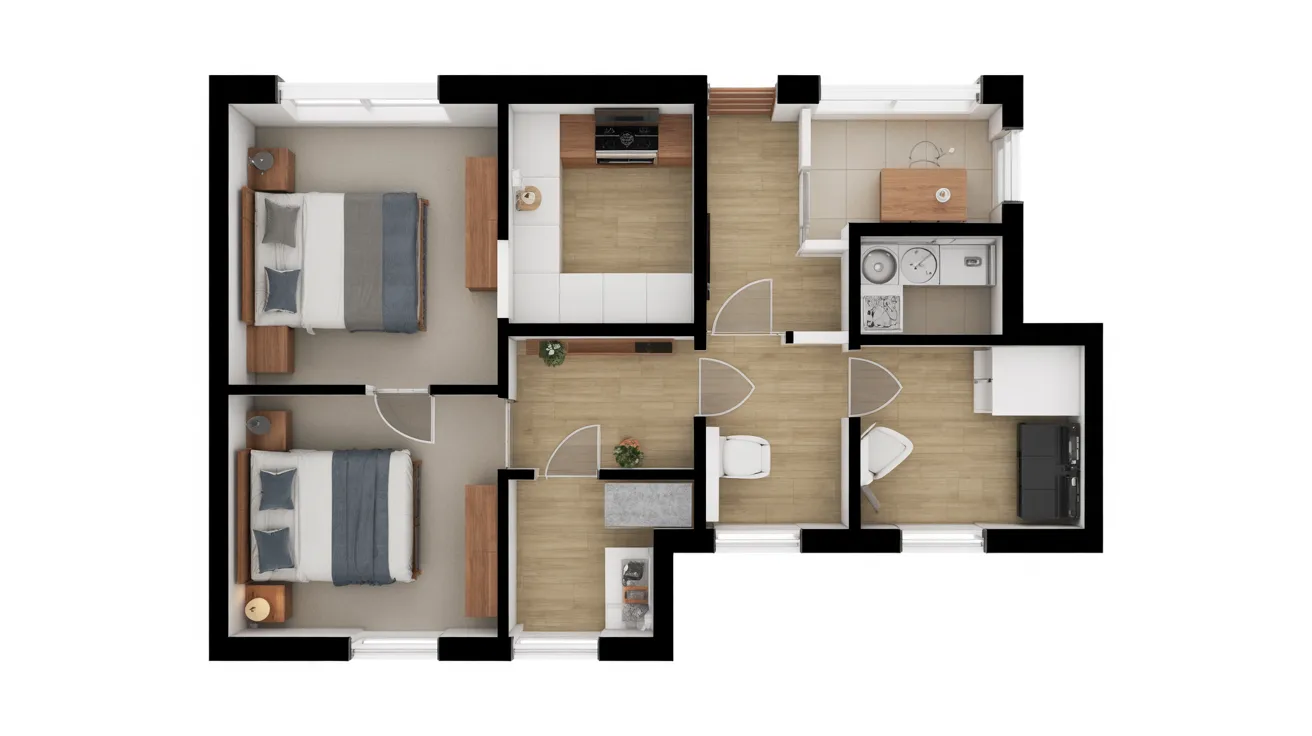 3D floor plan of a two-bedroom apartment, showcasing room layout and dimensions for each space.