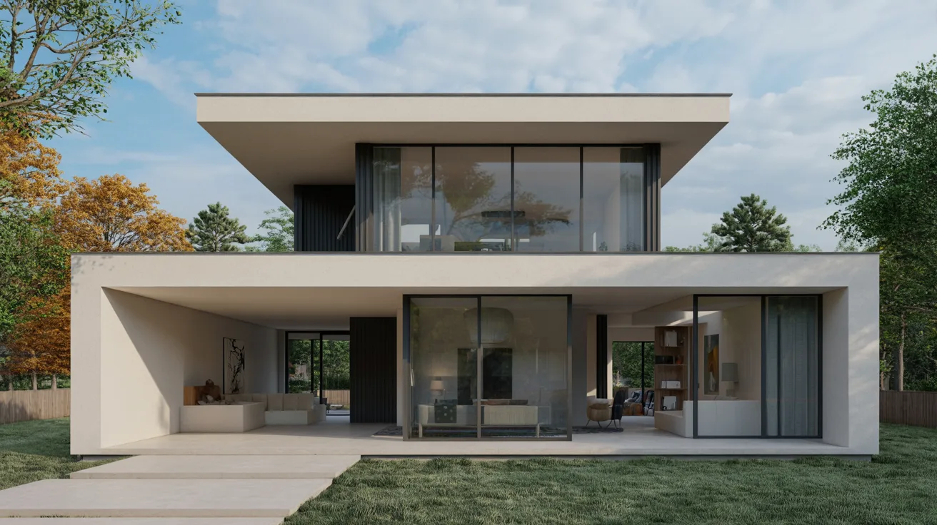 Modern two-story house with large glass windows, flat roof, and minimalist design. Surrounded by trees, it exudes a sleek, tranquil ambiance.