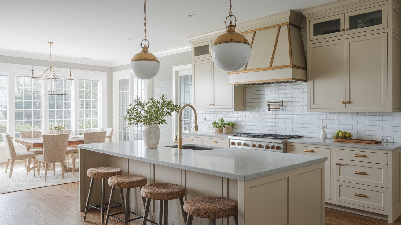 Greige Cabinets with Brass Hardware