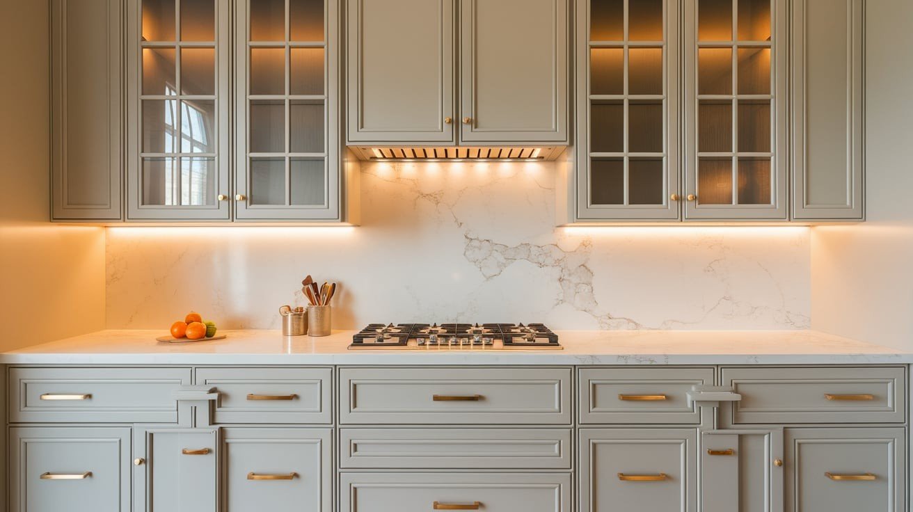 Greige Cabinets with Marble Accents