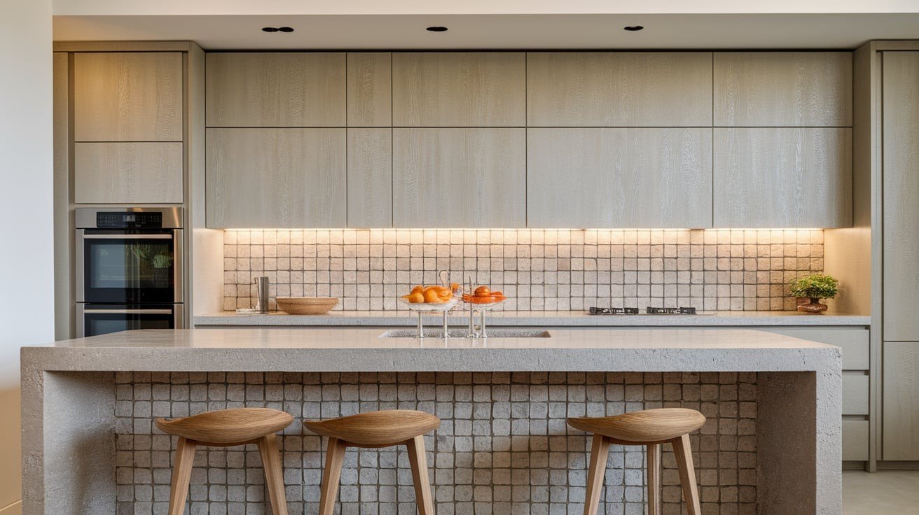 Greige Cabinets with Textured Finishes