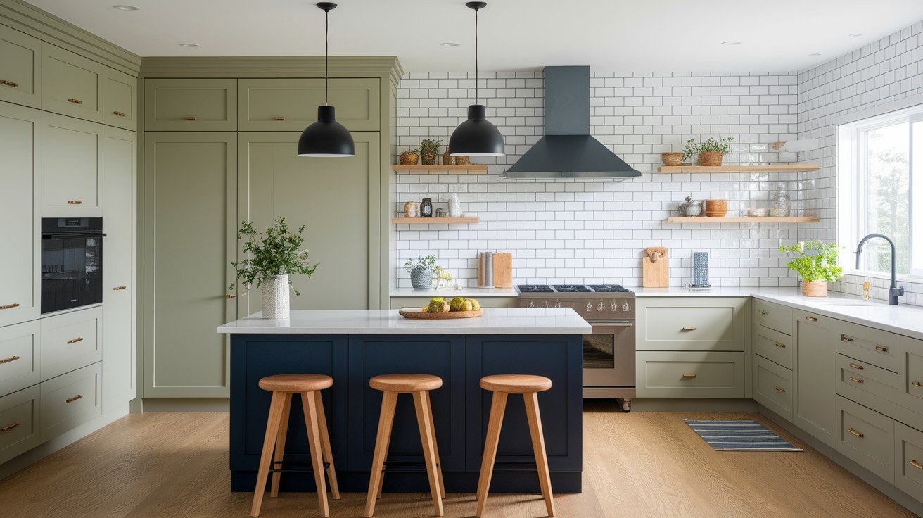 Greige with Navy or Sage Green Accents