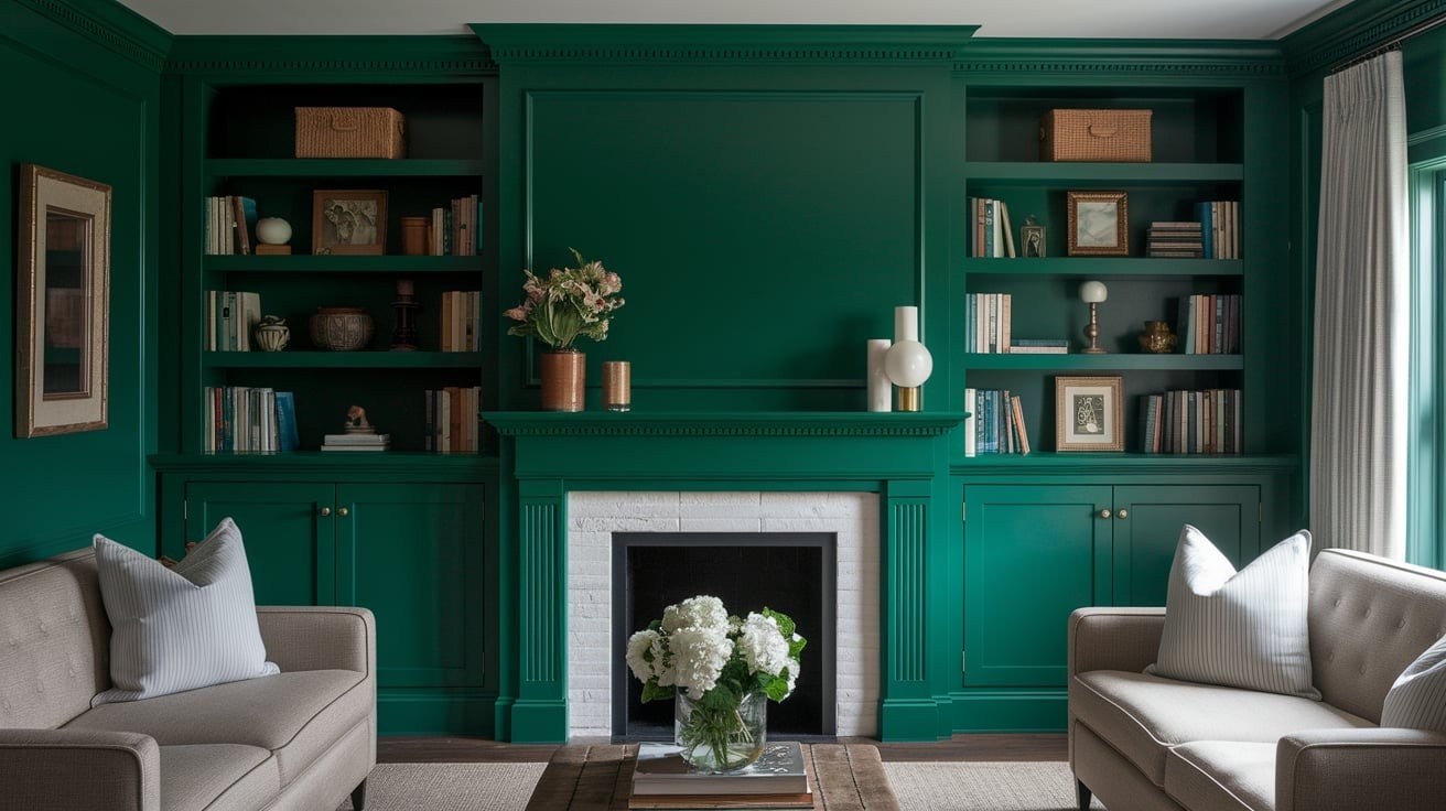 Green Painted Built-ins and Bookcases