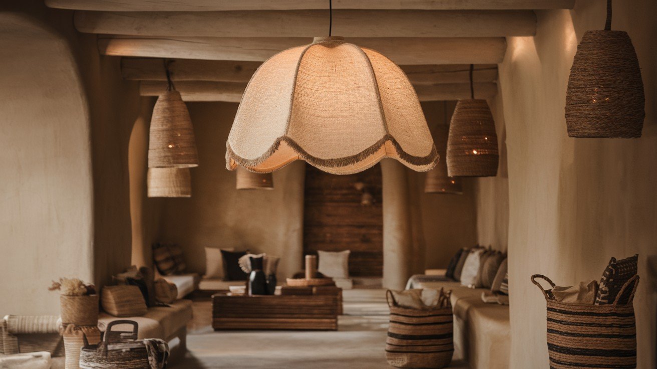 Natural Jute and Linen Bell Semi-Flush Mount 