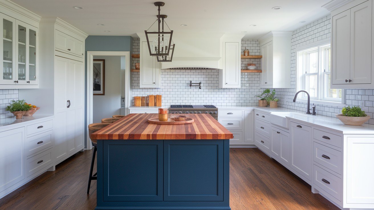 Navy Island with Warm Wood Countertops