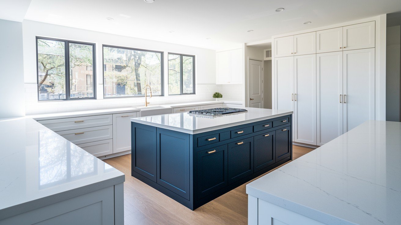 Navy Island with White Quartz Countertops