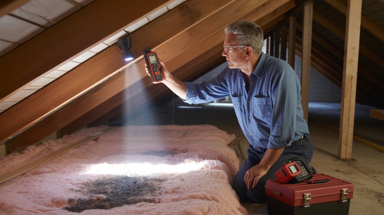 Use a moisture meter or inspect the attic