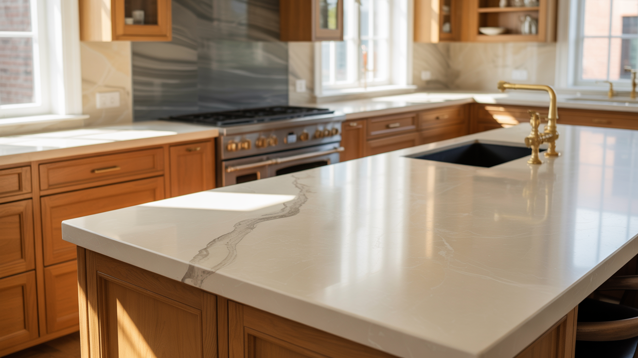 9. Quartz, Marble, and Stone With Honey Oak Cabinets