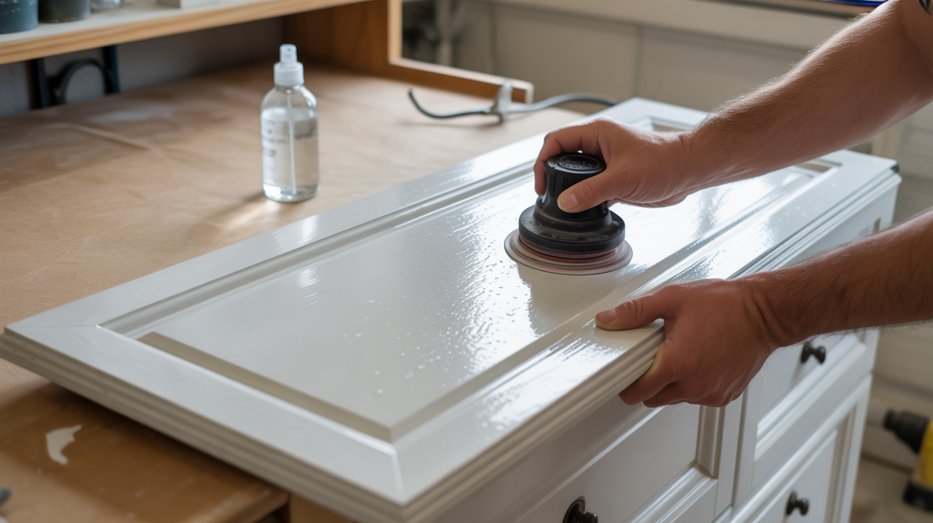 A man sands a white cabinet using a black polisher, preparing it after painting with grit sandpaper.