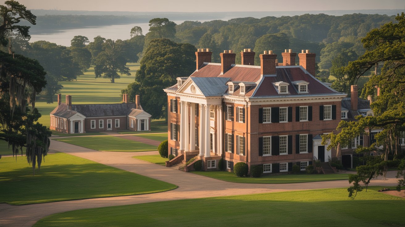 View from the top of a large brick mansion, showcasing Southern Colonial architecture and surrounding landscape.