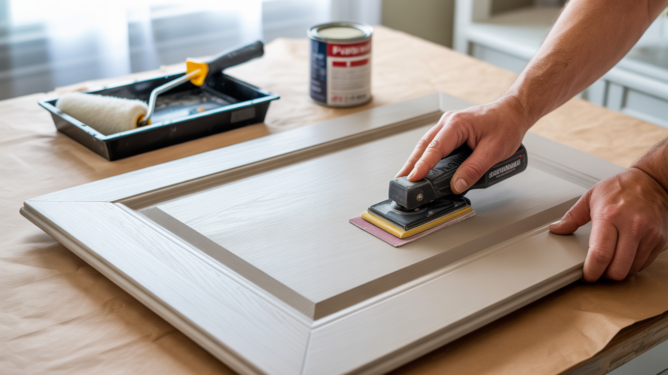 A person sands a wooden surface with grit sandpaper, preparing it for painting with a brush.