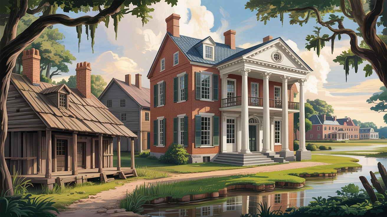 A painting of a Southern Colonial house next to a pond, representing the evolution of Southern architectural design.