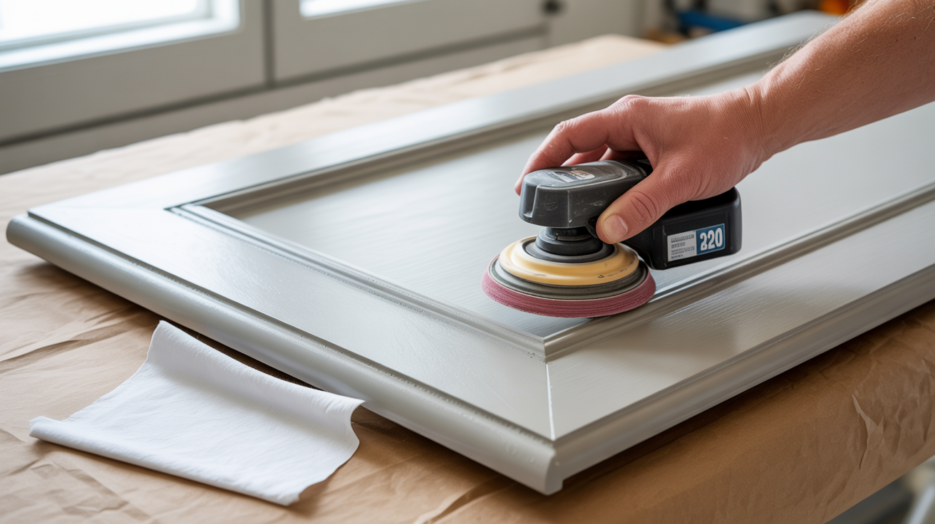 A person sands a door using a sander, applying grit sandpaper designed for cabinets after primer.