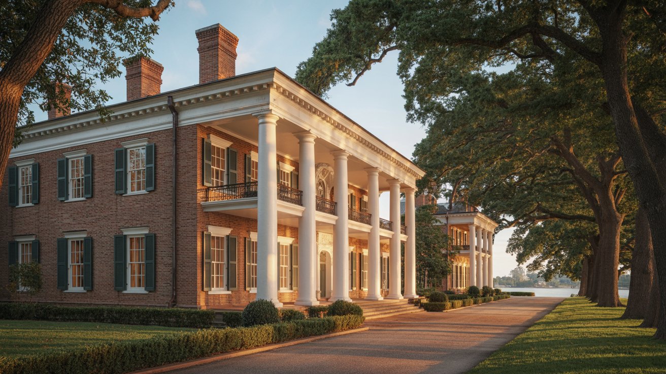 Southern Colonial-style brick house with prominent columns, showcasing traditional architectural features