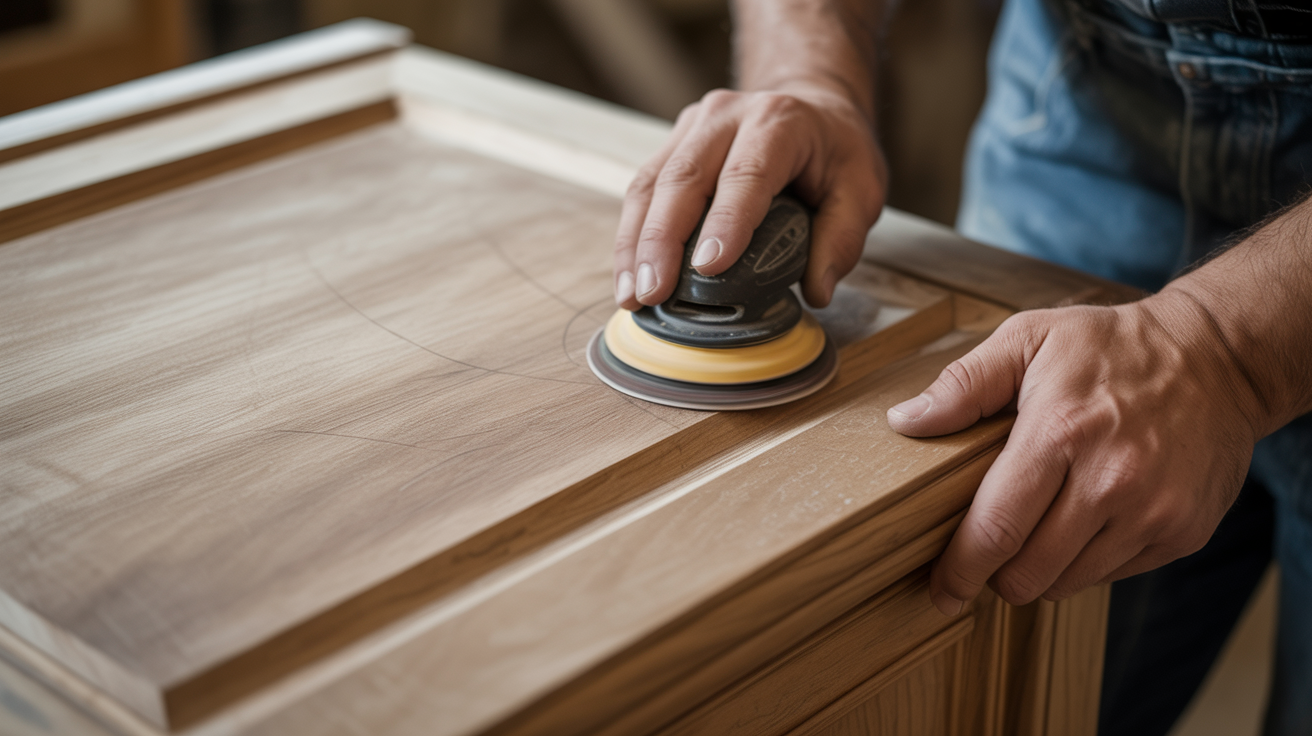 A man uses a sanding machine with grit sandpaper to smooth wood surfaces for cabinet preparation.