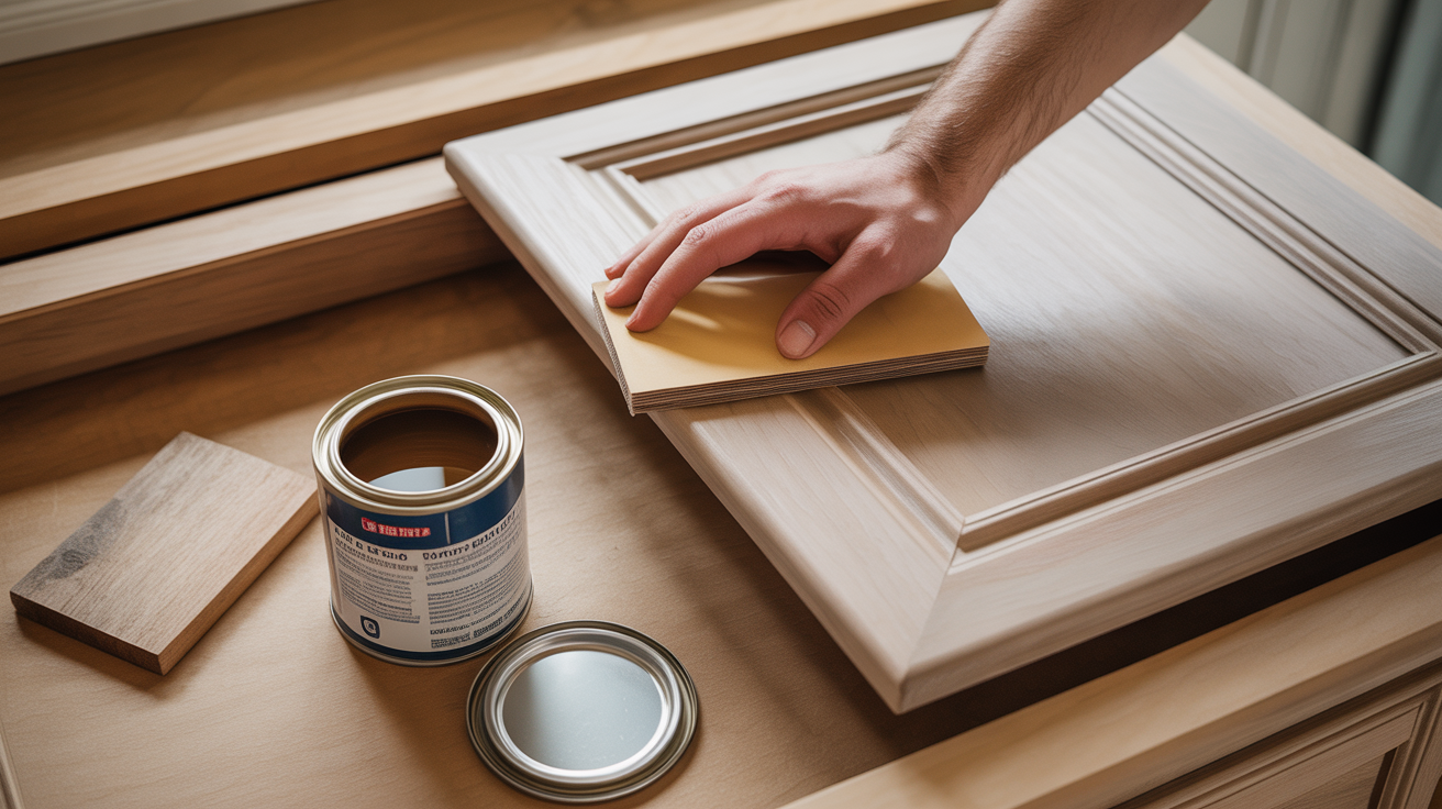 A person painting a cabinet with a can of paint, using grit sandpaper for preparation before staining.