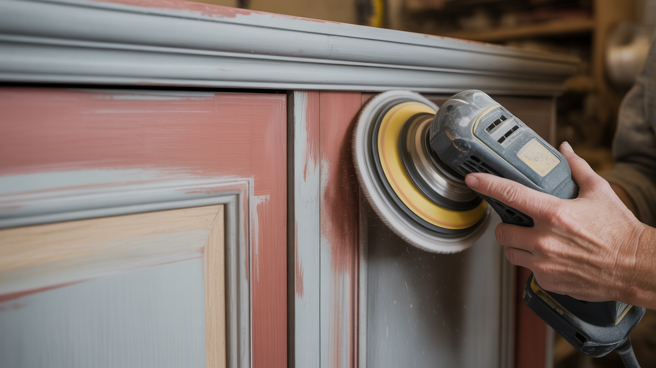 A man uses a sander to smooth a piece of furniture, focusing on the surface preparation for cabinet refinishing.