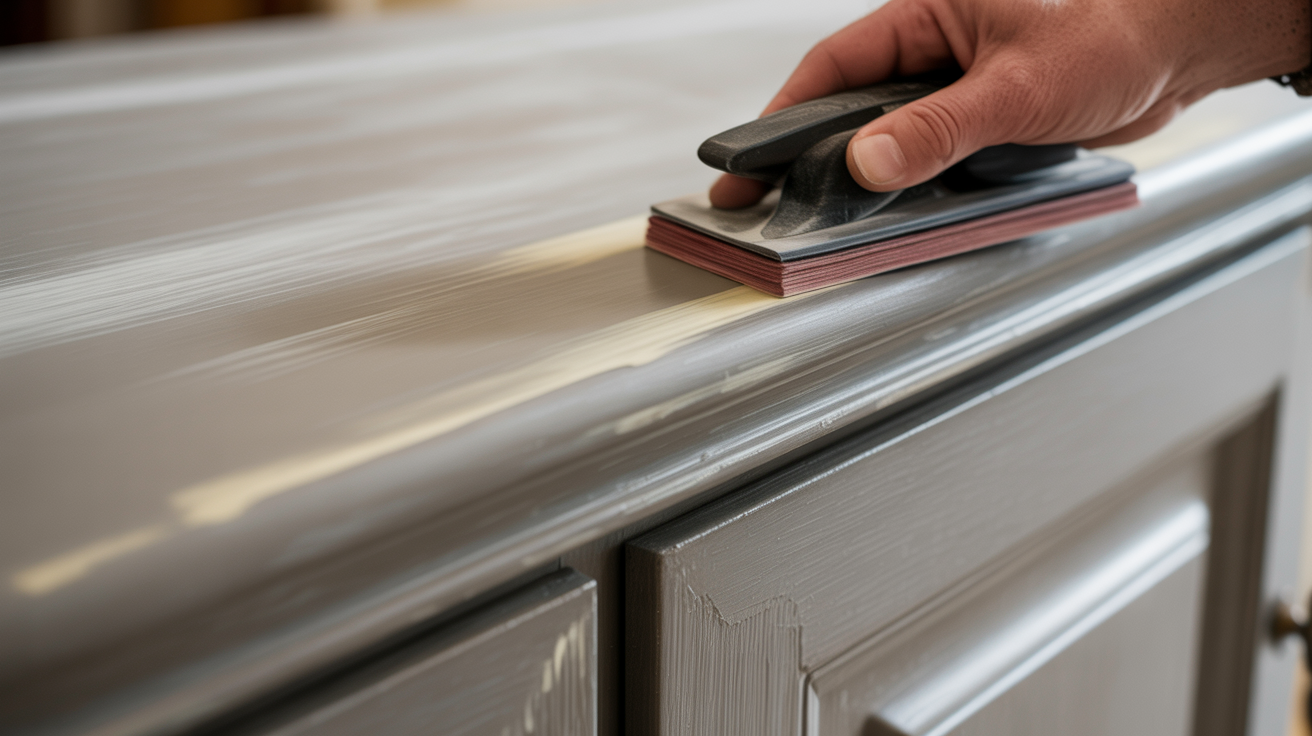 A person sands furniture with a sanding pad, using grit sandpaper designed for cabinets between coats.
