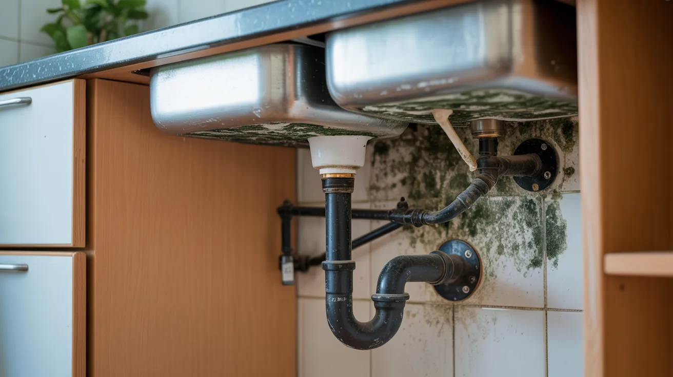 Under-sink view with visible mold growth on white tiles. Black pipes contrast against moldy backdrop. Scene suggests water leakage and neglect.